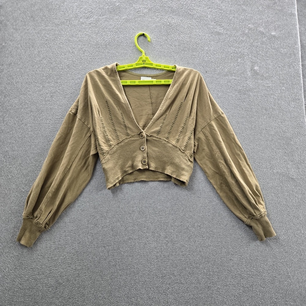 We The Free Women Sweater SMALL Khaki Cropped Cardigan Button Long Sleeve